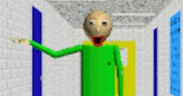 Baldi character from Baldi's Basics stands in a colorful school hallway, ready to teach with playful demeanor.