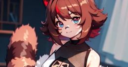 Rakkita Chan poses stylishly, featuring cat ears, a furry jacket, and sporty red shorts, embodying a playful aesthetic.