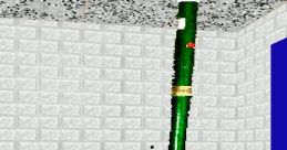 Green broom in a corner of a room, representing the character Gotta Sweep-Sweep from Baldi's Basics in Education.