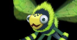 Vibrant green and black striped monster with wings, featuring large eyes and a playful expression, ideal for random element designs.