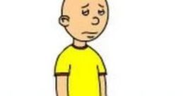 Caillou looks sad in a yellow shirt, surrounded by friends, in a scene from "Caillou Gets Grounded.