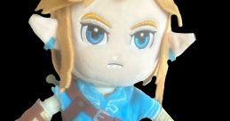 Plush toy featuring Link from a popular video game, showcasing his iconic blue outfit and serious expression.
