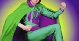 Mr. Methane in a vibrant green costume, striking a dynamic pose with playful musical notes around him. Fun and quirky character!