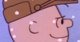 Linus from Peanuts in red coat and hat, surrounded by falling snowflakes, evoking a classic cartoon winter scene.
