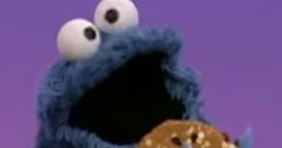 Cookie Monster, performed by David Rudman (2000-2008), joyfully munches on a chocolate chip cookie against a vibrant background.
