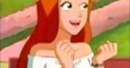 Allie from Totally Spies! expressing excitement while sitting on a bench, showcasing her trendy style and playful personality.