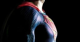 Superman costume detail, showcasing powerful physique and iconic red and blue colors, embodying heroism and strength.