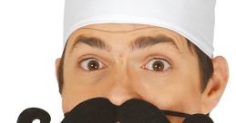 Chef with a large mustache and surprised expression, embodying a humorous yet eerie vibe perfect for a VERY SCARY VOICE theme.