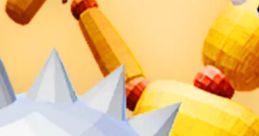 Colorful geometric shapes resembling wooden figures and a spiked object, depicting chaos in Ragdoll Break gameplay.