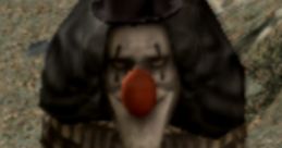 Fidgit from Red Dead Revolver, featuring a creepy clown with a black hat and ruffled collar in a desolate landscape.