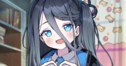 Tendou Arisu with blue eyes, making a heart gesture, dressed in school attire with a cozy background.