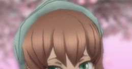 Amai Odayaka Yan Sim character with brown hair, green eyes, and a sailor uniform, set against a pink cherry blossom background.