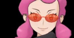 Malva from Pokémon Masters EX, featuring pink hair and stylish red sunglasses, exudes confidence and flair.