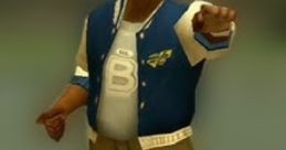 Damon West from BULLY, wearing a blue varsity jacket and striking a confident pose, representing strength and attitude.