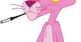 Pink Panther with a mischievous expression, holding a pen, exuding charm and humor in his distinctive pink form.