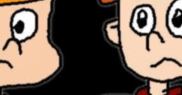 Two cartoon characters with distinctive hairstyles and clothing, conveying a playful or puzzled expression against a dark background.
