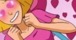 Clover Ewing in a pink outfit, excited with hearts in the background, showcasing her joyful personality in a playful scene.