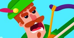 Bowmasters Announcer character with a green outfit, bow in hand, showcasing an intense expression and playful demeanor.