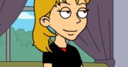 Cartoon character with blonde hair, wearing a black top and blue jeans, sitting on a green couch indoors, reflecting a casual vibe.