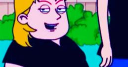 Giant Emma Jr. character with blonde hair in a black shirt, standing outdoors next to another character, vibrant background.