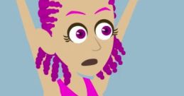 Violy Margaret Anderson from Vyond with vibrant purple hair, expressing surprise in a pink top and checkered pants.