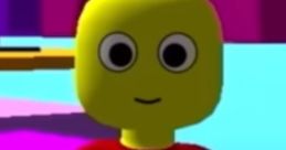 Bright yellow character with large eyes, wearing a red shirt and blue pants, in a colorful Obby Master game environment.