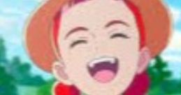 Anne Shirley from the dubbed anime, joyfully smiling outdoors, dressed in her signature outfit with a straw hat and braided hair.