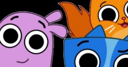 Colorful cartoon characters with large eyes, featuring a purple, green, blue, and orange creature, promoting fun and friendship.