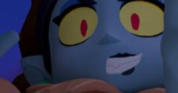 Stylized character with blue skin, vibrant eyes, and a mischievous expression in a fantasy setting. Kérem a pénzem!