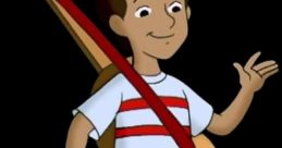 Curious George character Marco smiles and waves, wearing a striped shirt with a guitar slung over his shoulder.