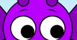 Purple character with big eyes and horns, showcasing a surprised expression in a colorful landscape setting. Perfect for "Самый топ Спрунки Дёрпл.