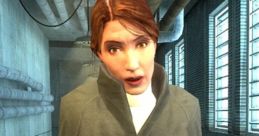 Judith Mossman in a distressed pose, wearing a gray coat, set in an industrial environment from a video game scene.