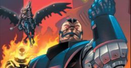 Apocalypse from X2: Wolverine's Revenge, showcasing his power amidst fiery chaos and iconic allies in a comic book style.