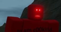 Red Roblox character promoting "team c00lkid" with glowing red eyes, standing in a rugged landscape. Join today!