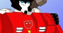 Red and black robotic character with blue eyes and a signature Autobot emblem, showcasing powerful design and dynamic pose.