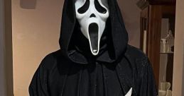Ghostface character in a black robe, holding a knife, embodies the iconic horror figure from the Scream franchise.