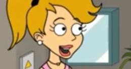 Cheerful animated character Adrianna Johnson in a pink top and jeans, standing in a modern interior with a playful expression.
