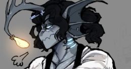 Character design of Sebastian Solace from "Pressure," featuring striking blue skin, antler-like horns, and a stylish outfit.