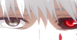 Ken Kaneki reveals his identity as a ghoul, featuring striking white hair and a bloodstained face.