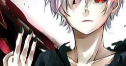 Ken Kaneki from TKG with white hair, wearing a dark shirt, showcasing his intense gaze and dark aesthetic.