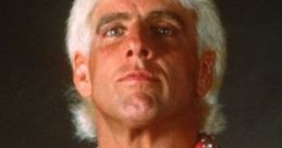 Ric Flair in a striking red robe with intricate silver detailing, showcasing his iconic wrestling persona and charisma.