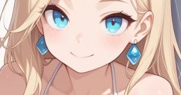 Smiling character with blonde hair and blue eyes wearing a white bikini, showcasing a playful and charming expression.