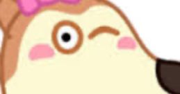Lucy Wolf, a cheerful cartoon character in a pink dress with a bow, winks happily, showcasing her playful nature.