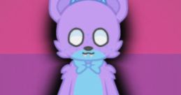 Colorful cartoon character resembling a playful hybrid animal with a blue bowtie, purple fur, and a propeller hat.