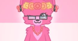 Munkus Lunkus character in vibrant pink attire, adorned with flowers and accessories, embodies playful creativity and charm.