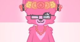 Cute pink anthropomorphic character with glasses, floral crown, and jewelry, embodying Munkus Lunkus vibe, set against pastel colors.