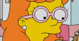 Addy from The Simpsons, a character voiced by Joey King, plays with a toy horse in a vibrant cartoon setting.