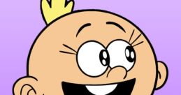 Smiling Lily Loud from "The Loud House" with a yellow tuft, wearing a white shirt and shorts on a purple background.