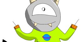 Whimsical character in green Saturn-themed shirt, featuring one eye, spikes, and playful stance, inspired by Starry Hills.