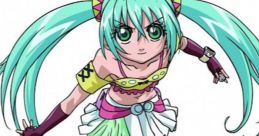 Runo Misaki showcases a vibrant outfit with teal hair and playful fashion, embodying a lively anime character.